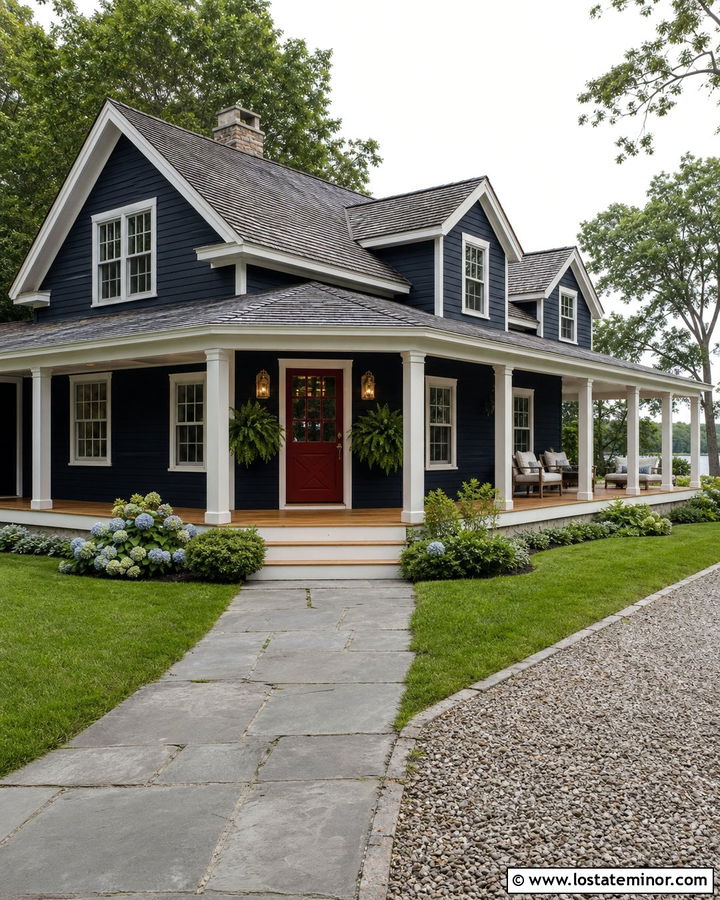 Midnight Blue House With Wraparound Porch And Red Dutch Door - 30 Midnight Blue House Design With Dutch Door Ideas