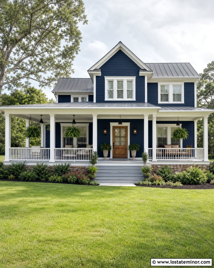 Midnight Blue House With Wraparound Porch Lighting - 30 Midnight Blue House Design With Lighting Ideas
