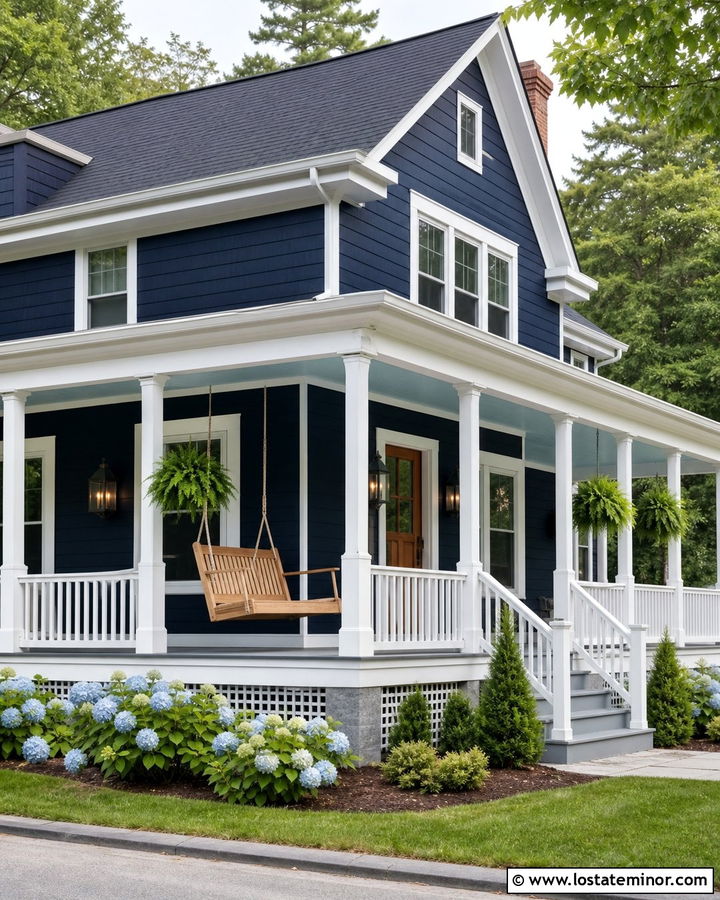 Midnight Blue House With Wraparound Porch Swing - 30 Midnight Blue House Design With Swing Ideas