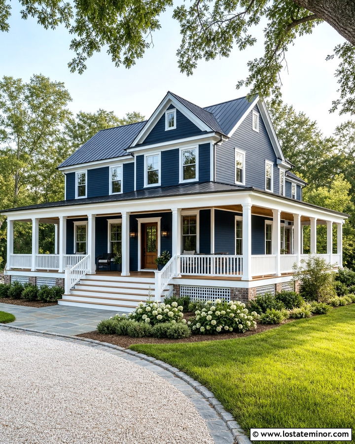 Midnight Blue House With Wraparound Porch - 30 Midnight Blue House Design With Accents Ideas
