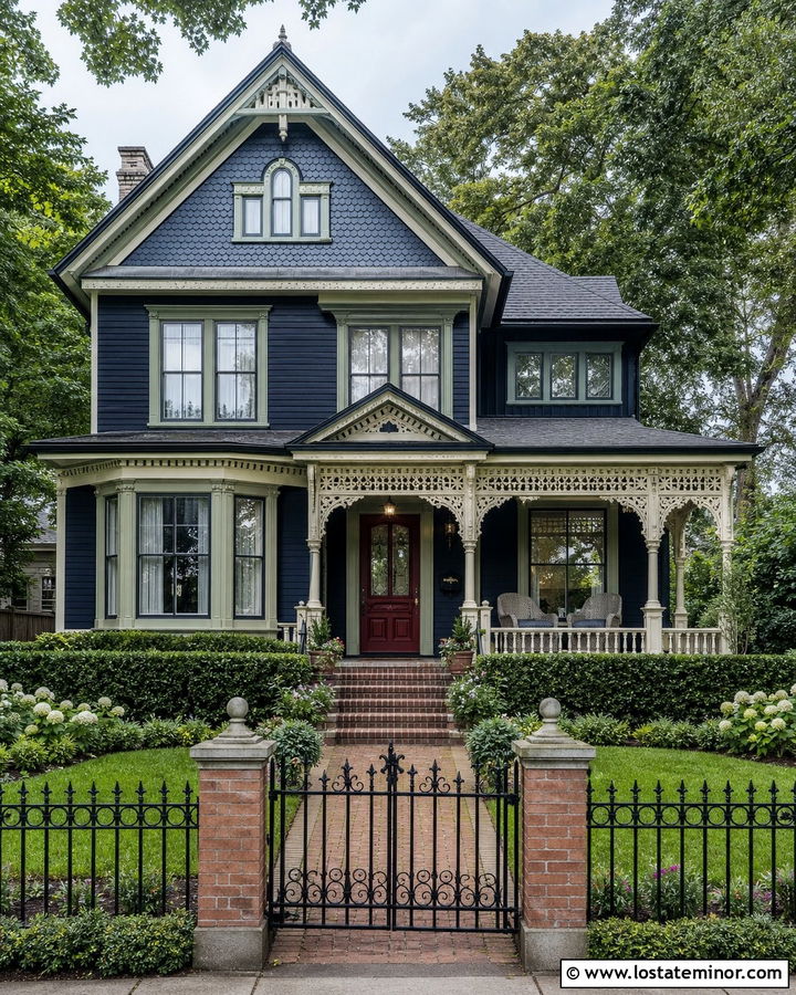 Midnight Blue House With Wrought Iron Fence - 30 Midnight Blue House Design With Fence Ideas