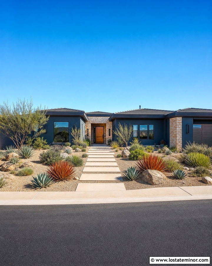 Midnight Blue House With Xeriscape Walkway - 30 Midnight Blue House Design With Walkway Ideas