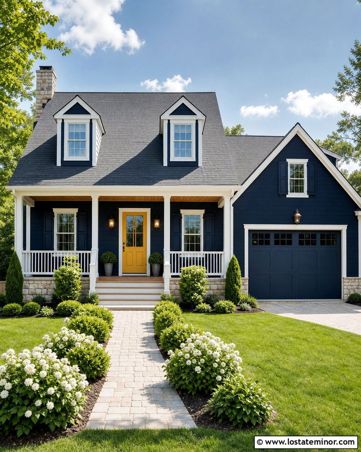 Midnight Blue House With Yellow Door And Brass Lights - 30 Midnight Blue House Design With Lighting Ideas
