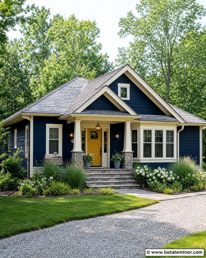 Midnight Blue House With Yellow Door And Cream Trim - 30 Midnight Blue House Design With Trim Ideas