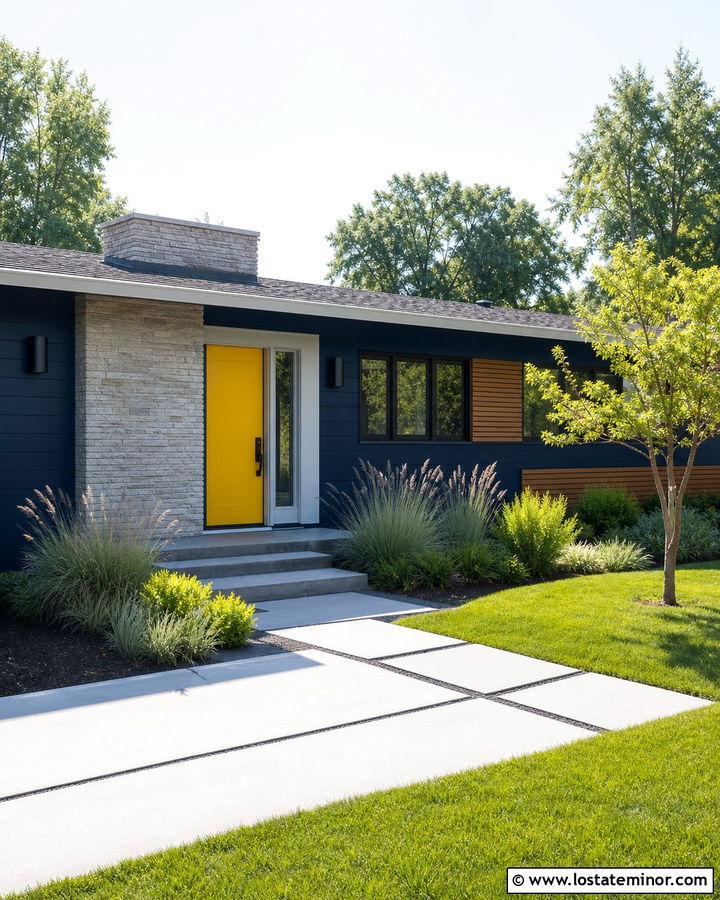 Midnight Blue House With Yellow Door and Modern Lights - 30 Midnight Blue House Design With Light Fixtures Ideas