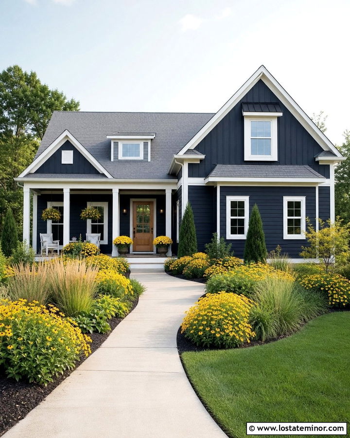 Midnight Blue House With Yellow Flower Landscaping - 30 Midnight Blue House Design With Landscaping Ideas