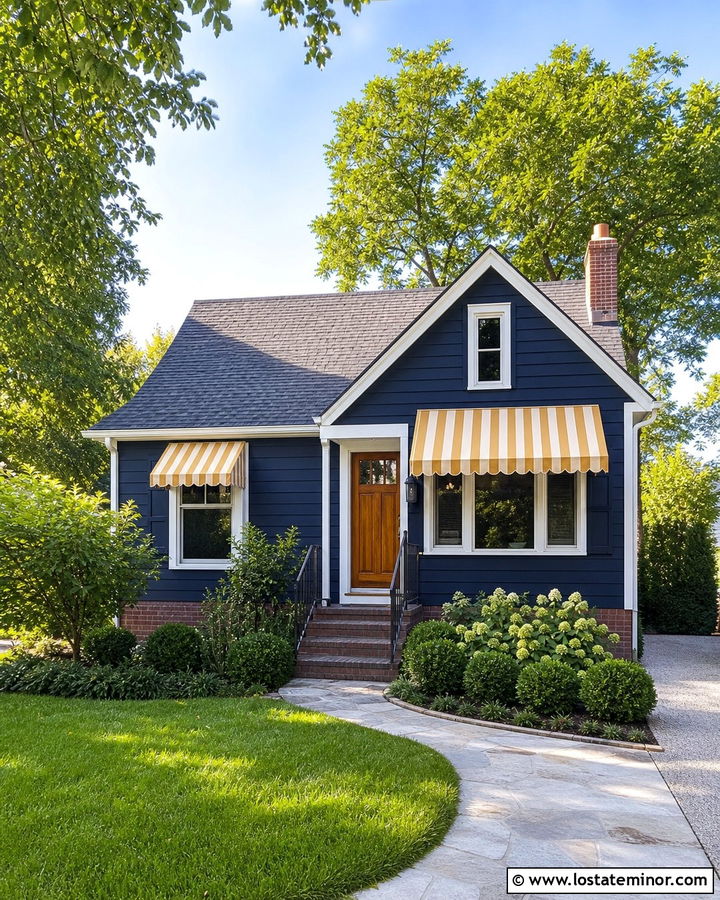 Midnight Blue House With Yellow Striped Awning - 30 Midnight Blue House Design With Awning Ideas