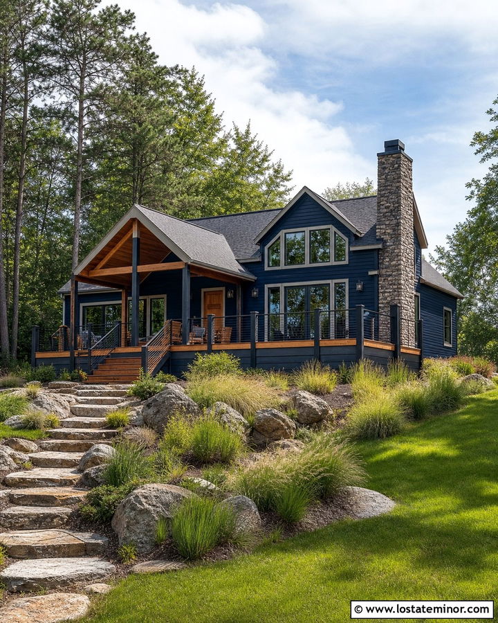 Midnight Blue Lake House With Cable Railings - 30 Midnight Blue House Design With Railings Ideas