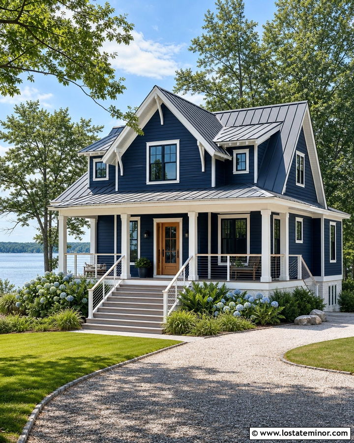 Midnight Blue Lake House With Composite Steps - 30 Midnight Blue House Design With Steps Ideas