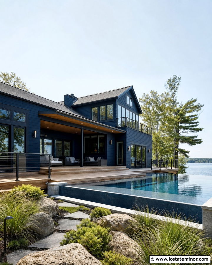 Midnight Blue Lake House With Pool And Cable Rail Deck - 30 Midnight Blue House Design With Swimming Pool Ideas