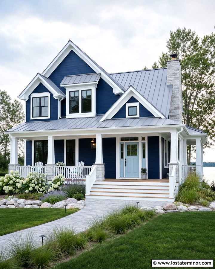 Midnight Blue Lake House With Sky Blue Screen Door - 30 Midnight Blue House Design With Screen Door Ideas