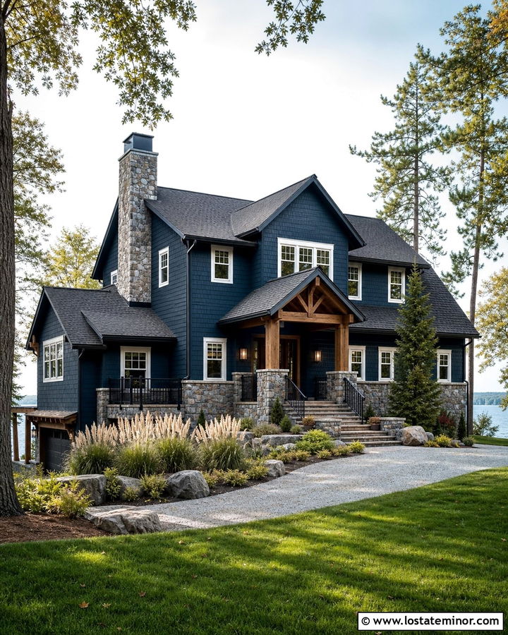 Midnight Blue Lake House With Stone And Timber - 30 Midnight Blue House Design With Stone Accents Ideas