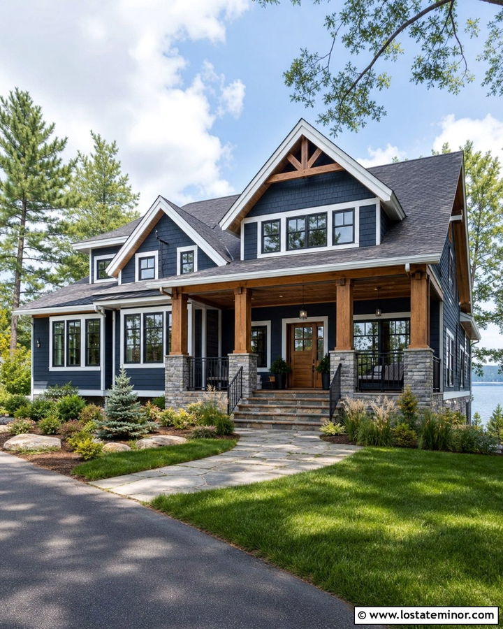 Midnight Blue Lake House With Stone And Wood Porch Columns - 30 Midnight Blue House Design With Porch Columns Ideas
