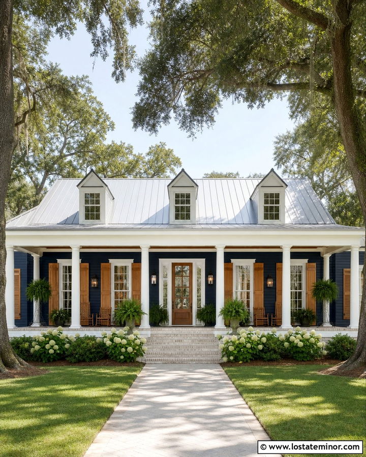 Midnight Blue Low Country House With Cedar Bahama Shutters - 30 Midnight Blue House Design With Shutters Ideas