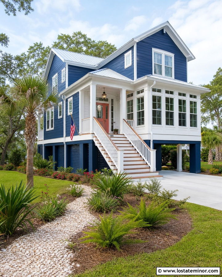 Midnight Blue Low Country House With Raised Sunroom - 30 Midnight Blue House Design With Sunroom Ideas