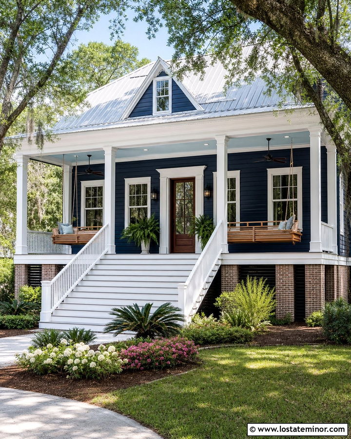 Midnight Blue Lowcountry House With Double Swings - 30 Midnight Blue House Design With Swing Ideas
