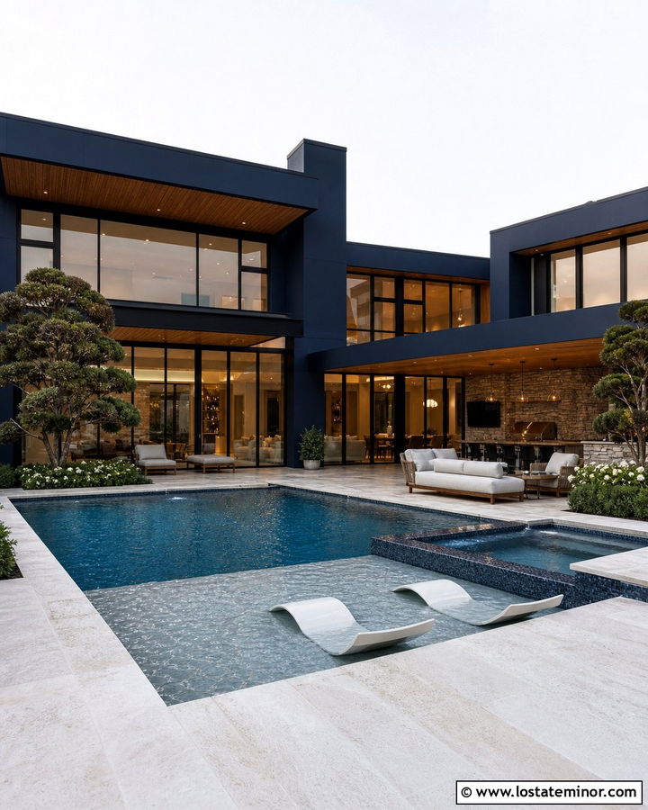Midnight Blue Luxury House With Pool And Glass Walls - 30 Midnight Blue House Design With Swimming Pool Ideas