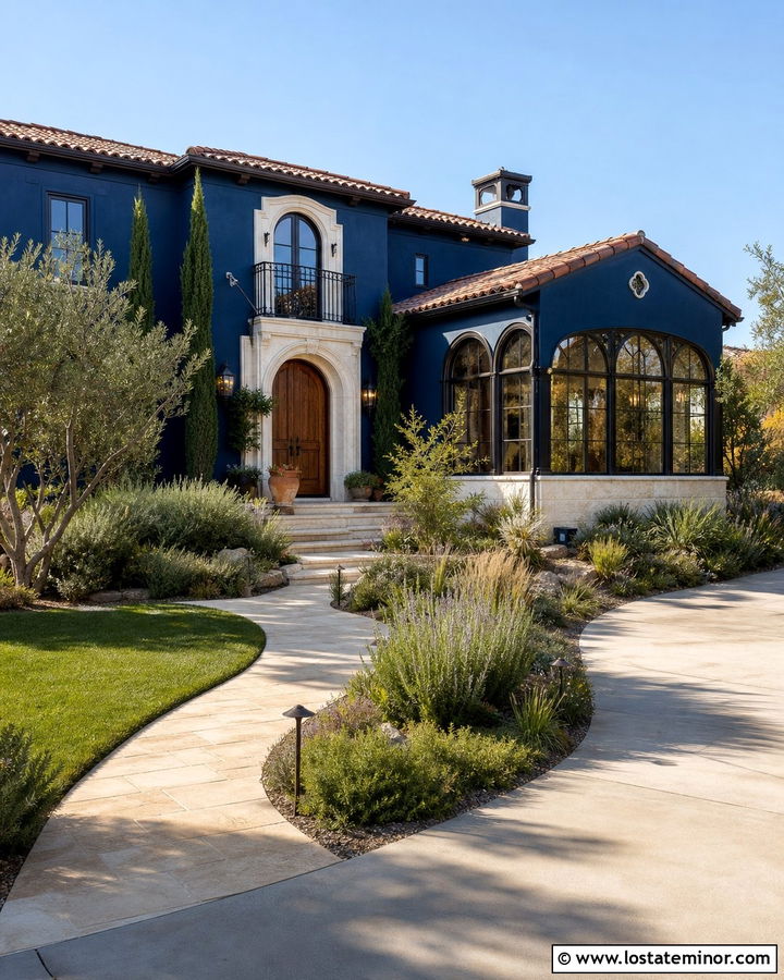 Midnight Blue Mediterranean House With Arched Sunroom - 30 Midnight Blue House Design With Sunroom Ideas