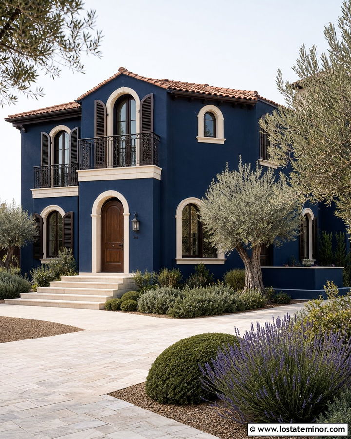 Midnight Blue Mediterranean House With Bronze Shutters - 30 Midnight Blue House Design With Shutters Ideas