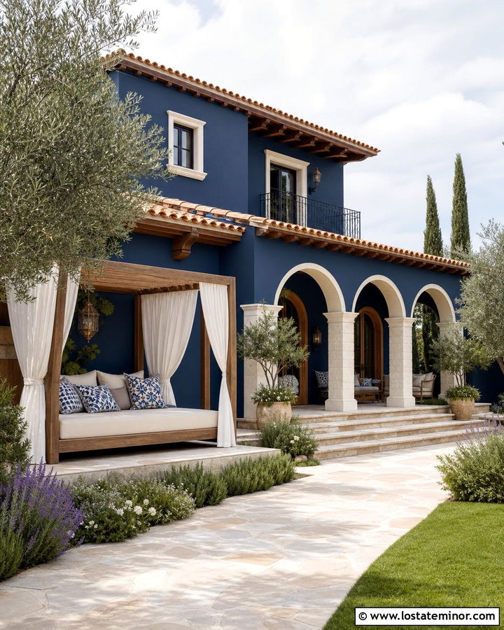 Midnight Blue Mediterranean House With Canopy Daybed - 30 Midnight Blue House Design With Daybed Ideas