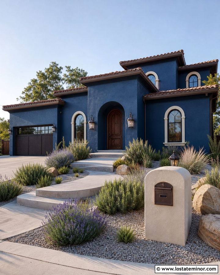 Midnight Blue Mediterranean House With Cream Mailbox - 30 Midnight Blue House Design With Mailbox Ideas
