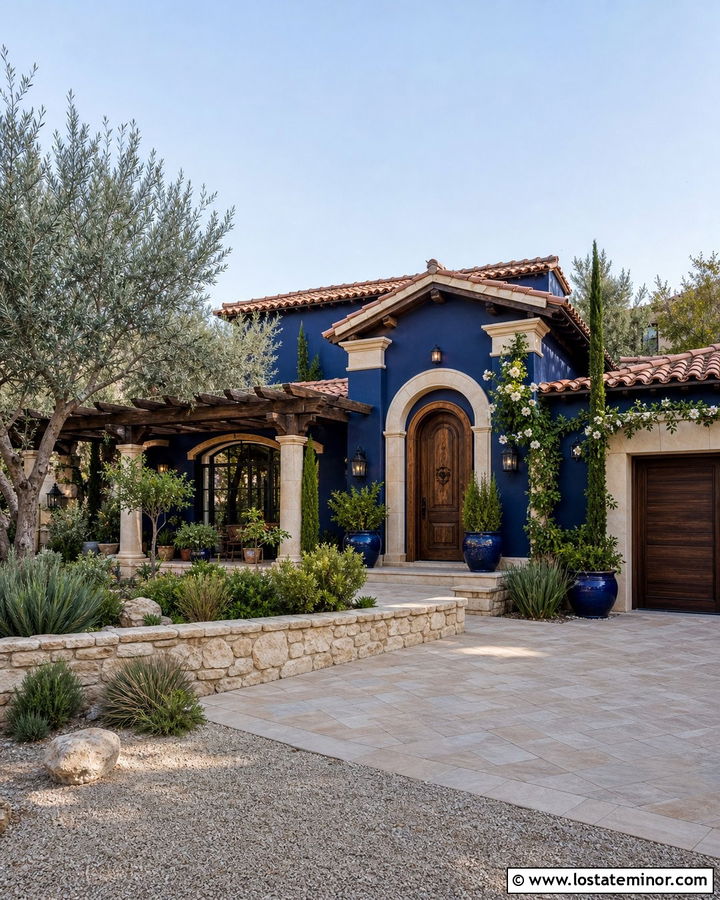 Midnight Blue Mediterranean House With Pergola - 30 Midnight Blue House Design With Pergola Ideas