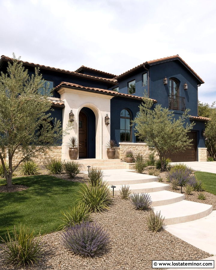 Midnight Blue Mediterranean House With Stucco Porch Columns - 30 Midnight Blue House Design With Porch Columns Ideas