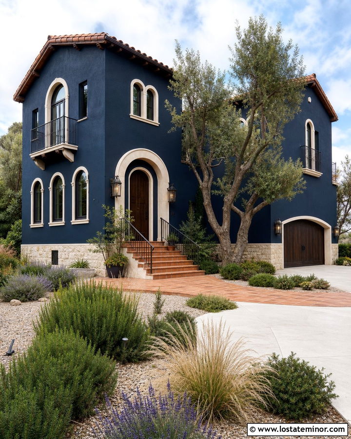 Midnight Blue Mediterranean House With Terracotta Steps - 30 Midnight Blue House Design With Steps Ideas
