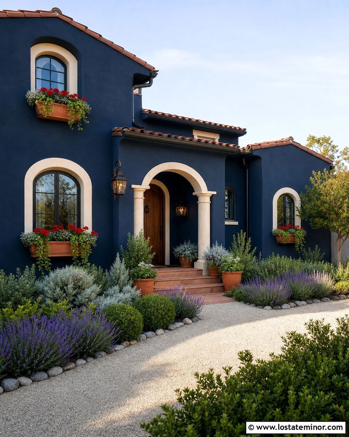 Midnight Blue Mediterranean House With Terracotta Window Boxes - 30 Midnight Blue House Design With Window Boxes Ideas