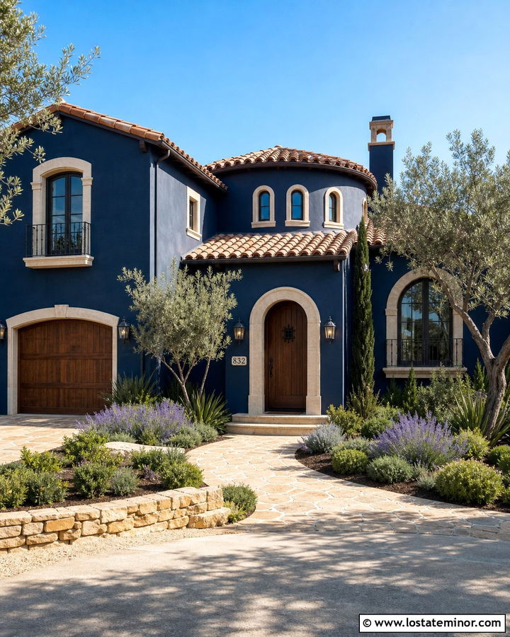 Midnight Blue Mediterranean House With Tile Numbers - 30 Midnight Blue House Design With House Numbers Ideas