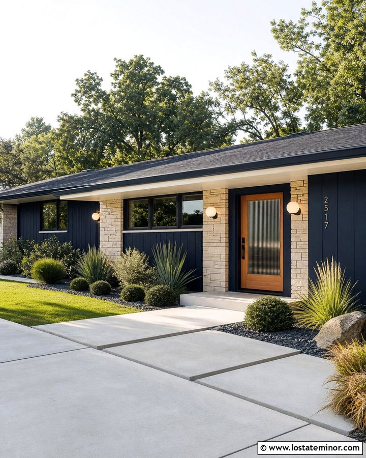 Midnight Blue Mid Century House With Glass Entry Door - 30 Midnight Blue House Design With Entry Door Ideas