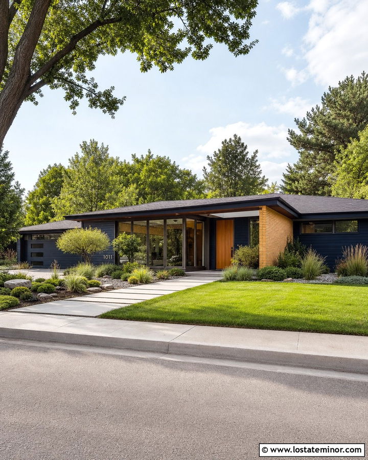Midnight Blue Mid Century House With Glass Wall Sunroom - 30 Midnight Blue House Design With Sunroom Ideas