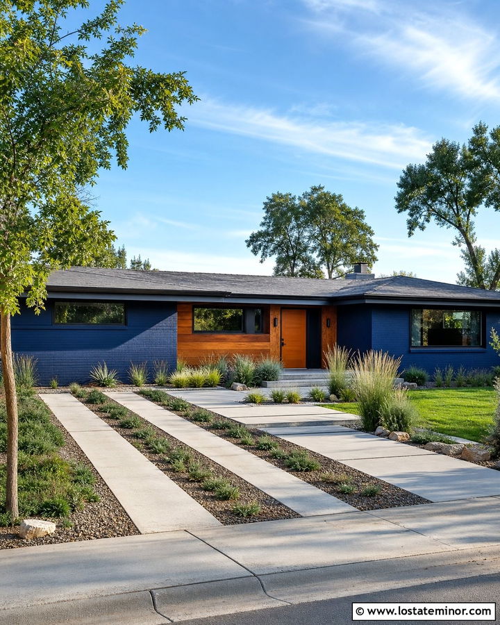 Midnight Blue Midcentury House With Concrete Strip Driveway - 30 Midnight Blue House Design With Driveway Ideas