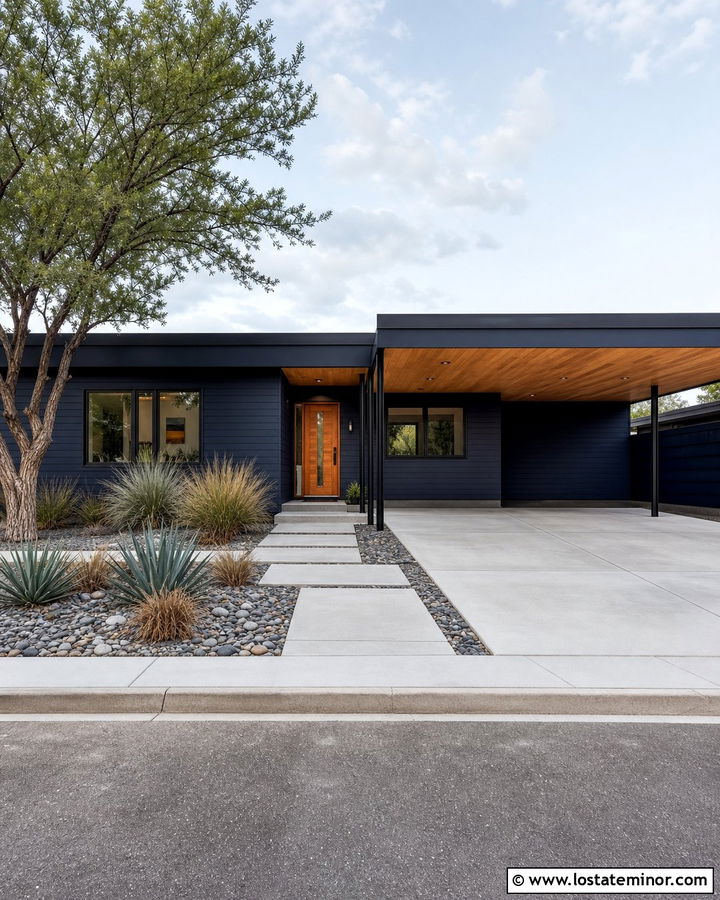 Midnight Blue Midcentury House With Flat Carport - 30 Midnight Blue House Design With Carport Ideas