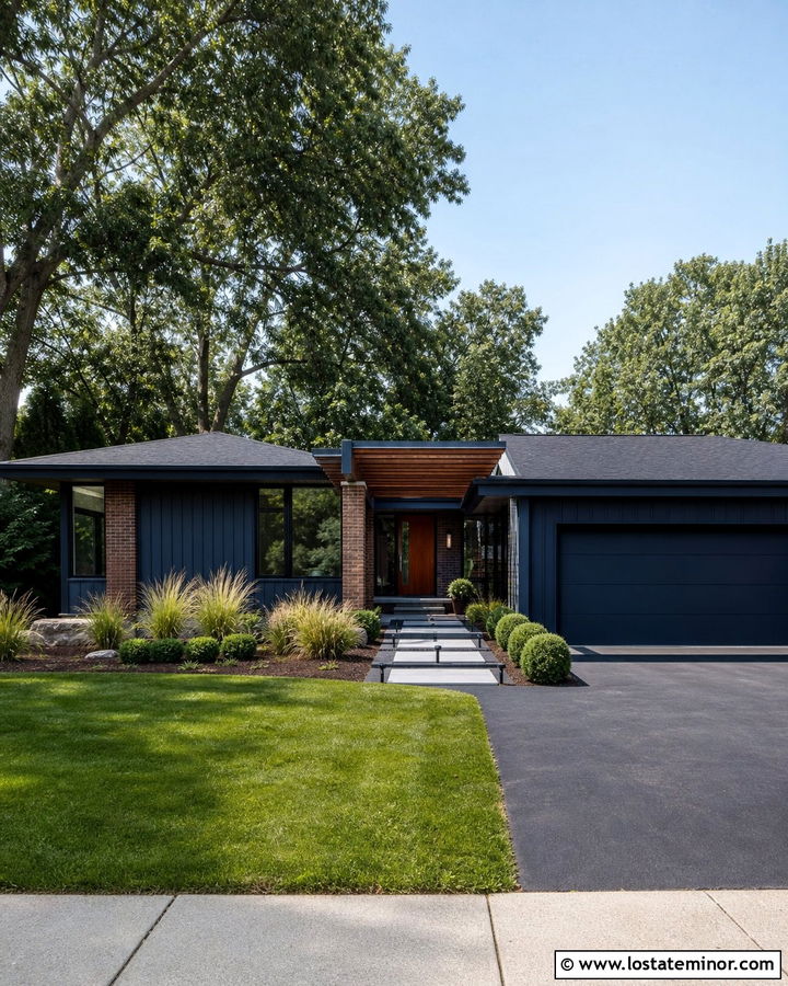 Midnight Blue Midcentury House With Pergola - 30 Midnight Blue House Design With Pergola Ideas