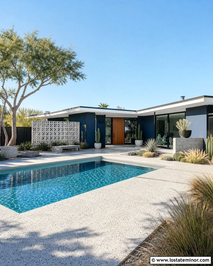 Midnight Blue Midcentury Modern House With Terrazzo Pool - 30 Midnight Blue House Design With Swimming Pool Ideas