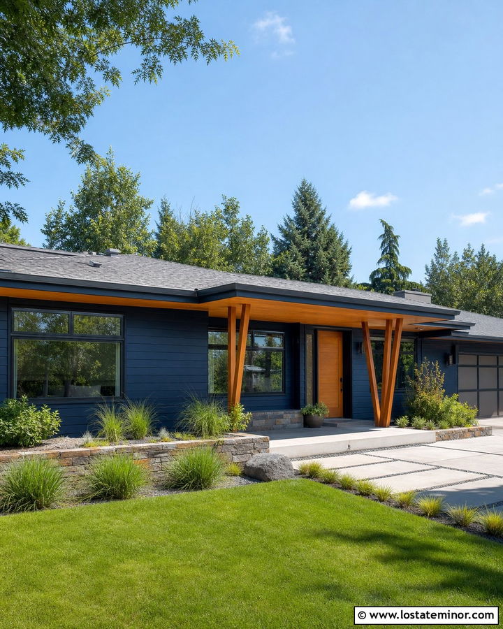 Midnight Blue Midcentury Ranch With Angled Porch Columns - 30 Midnight Blue House Design With Porch Columns Ideas