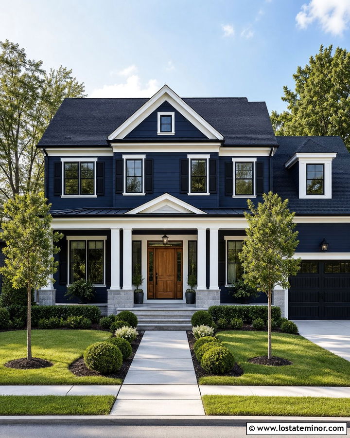 Midnight Blue Modern Colonial With Square Porch Columns - 30 Midnight Blue House Design With Porch Columns Ideas