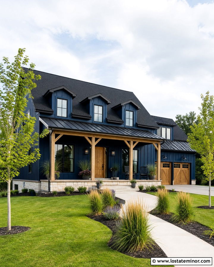 Midnight Blue Modern Farmhouse With Black Dormers - 30 Midnight Blue House Design With Dormers Ideas