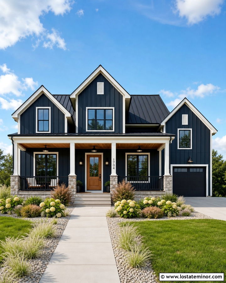Midnight Blue Modern Farmhouse With Black House Numbers - 30 Midnight Blue House Design With House Numbers Ideas