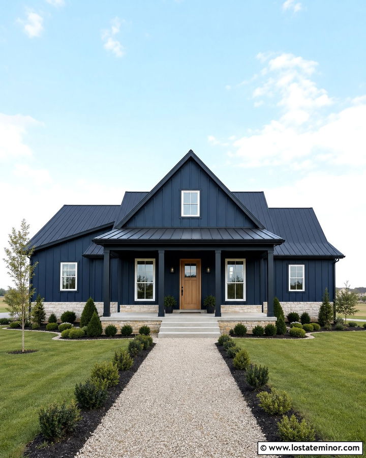 Midnight Blue Modern Farmhouse With Black Portico - 30 Midnight Blue House Design With Portico Ideas