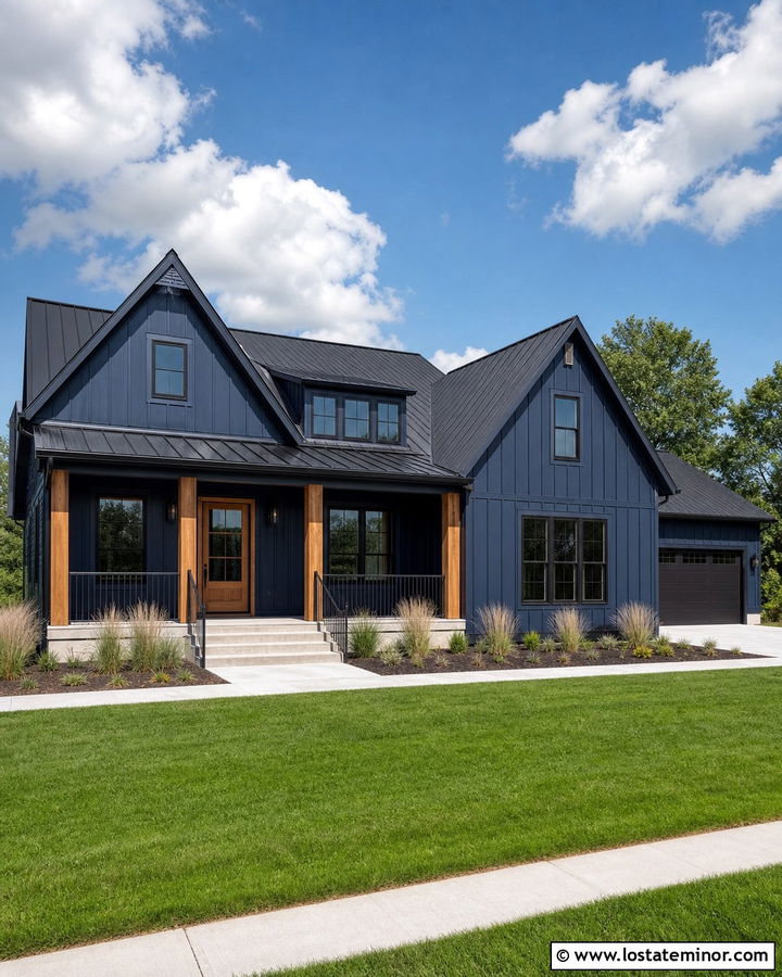 Midnight Blue Modern Farmhouse With Black Railings - 30 Midnight Blue House Design With Railings Ideas