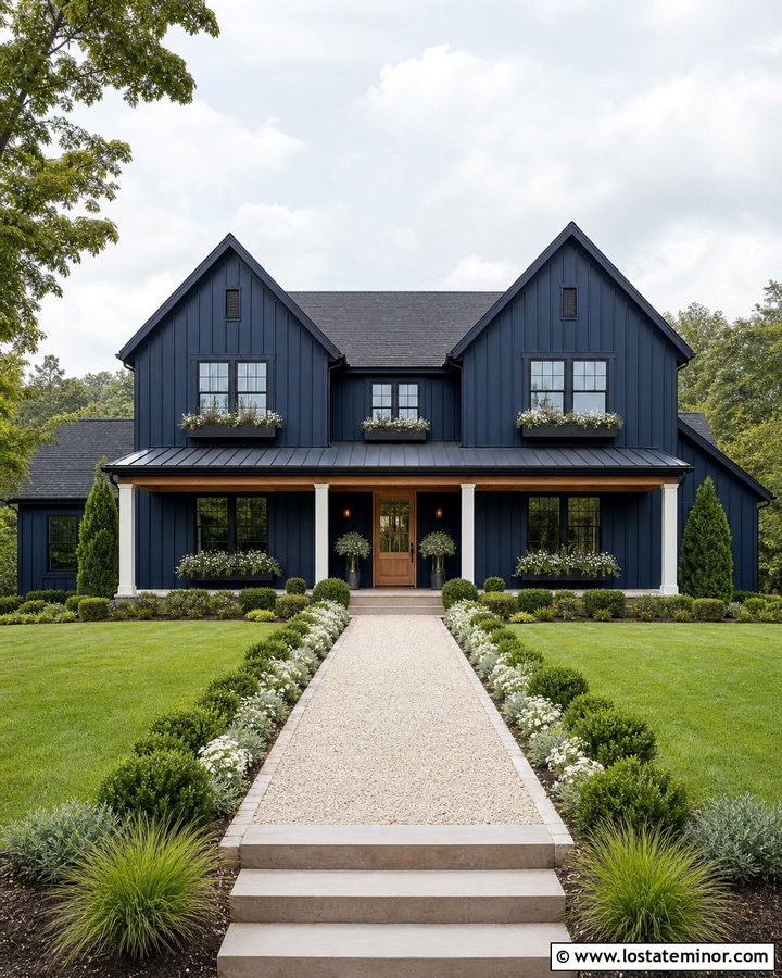 Midnight Blue Modern Farmhouse With Black Window Boxes - 30 Midnight Blue House Design With Window Boxes Ideas