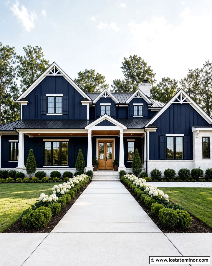 Midnight Blue Modern Farmhouse With Blue Shutters - 30 Midnight Blue House Design With Shutters Ideas