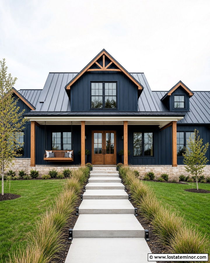 Midnight Blue Modern Farmhouse With Cedar Swing - 30 Midnight Blue House Design With Swing Ideas