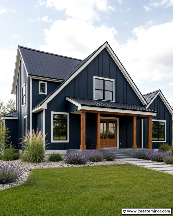 Midnight Blue Modern Farmhouse With Gravel Front Yard - 30 Midnight Blue House Design With Front Yard Ideas