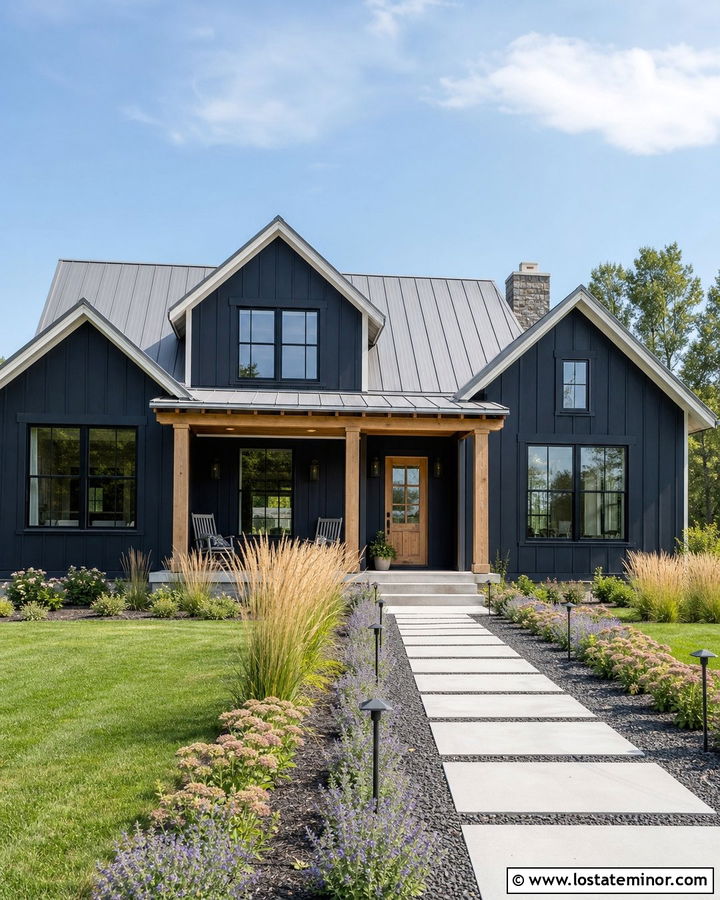 Midnight Blue Modern Farmhouse With Ornamental Grasses - 30 Midnight Blue House Design With Landscaping Ideas