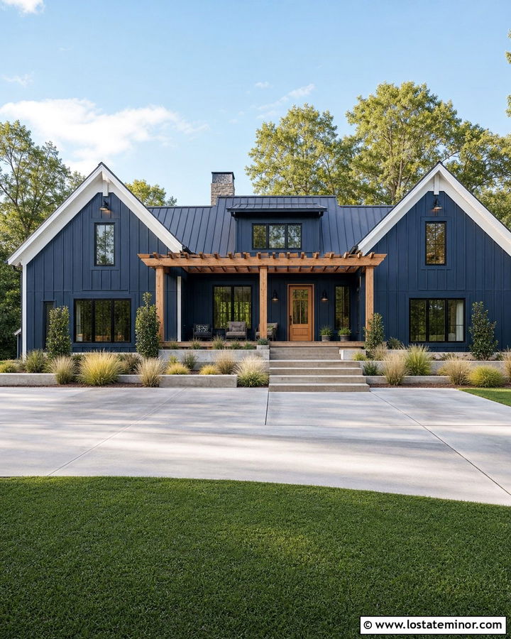 Midnight Blue Modern Farmhouse With Pergola - 30 Midnight Blue House Design With Pergola Ideas