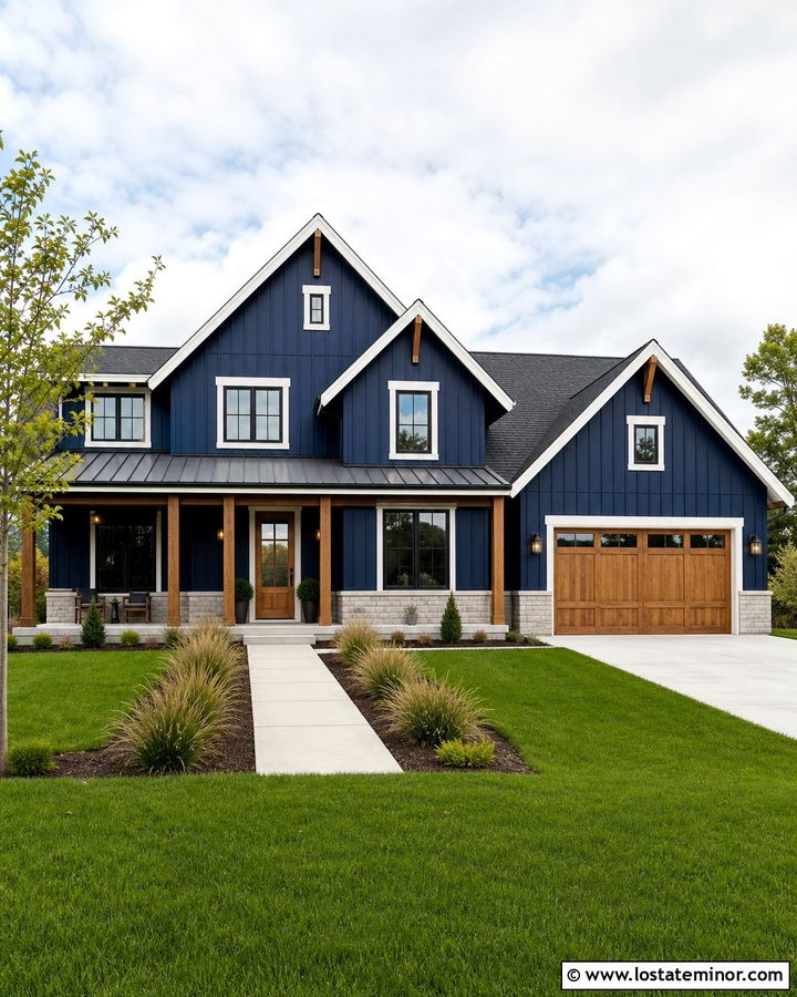Midnight Blue Modern Farmhouse With Stone Skirting - 30 Midnight Blue House Design With Stone Accents Ideas