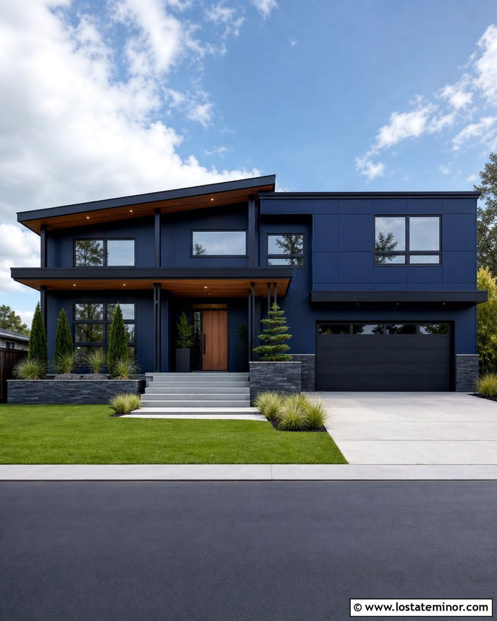 Midnight Blue Modern House With Black Metal Porch Columns - 30 Midnight Blue House Design With Porch Columns Ideas